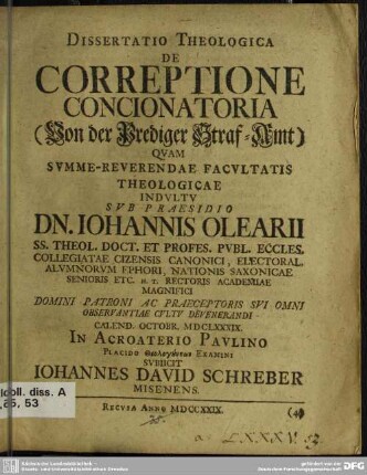 Dissertatio Theologica De Correptione Concionatoria (Von der Prediger Straf-Amt)