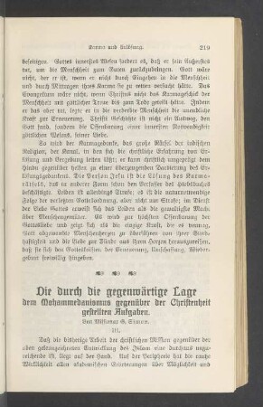 Die durch die gegenwärtige Lage dem Mohammedanismus gegenüber der Christenheit gestellten Aufgaben