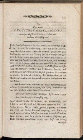 VI. Von einer deutschen Gesellschaft thätiger Beförderer reiner Lehre und wahrer Gottseligkeit.