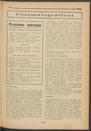 Cinematográficas : La gaucha [y] El hombre y la bestia [y] Trabajo