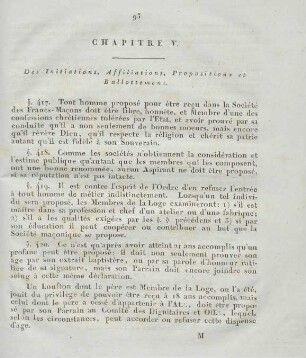 Chapitre V. Des Initiations, Affiliations, Propositions et Ballottemens.