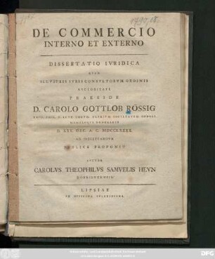 De Commercio Interno Et Externo : Dissertatio Ivridica