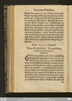 Das XXXI. Capitel. Von Eüsserlicher/ Burgerlicher Disciplin und zucht der Knaben.