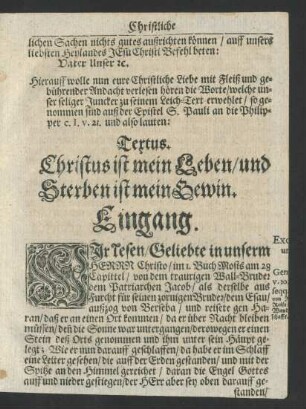 [...] Leich-Text erwehlet/ so genommen sind auß der Epistel S. Pauli an die Philipper c. I. v. 21. und also lauten:
