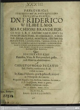 Panegyricus Friderico Wilhelmo, Marchioni Brandenburgensi ... quo ejus Familia, vita et res gestae adumbrantur