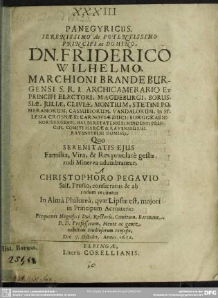 Panegyricus Friderico Wilhelmo, Marchioni Brandenburgensi ... quo ejus Familia, vita et res gestae adumbrantur