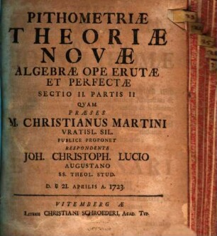 Pithometriae theoriae novae algebrae ope erutae et perfectae : sectio II. partis II