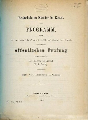 Programm : womit zu der ... im Saale der Laub, stattfindenden öffentlichen Prüfung ergebenst einladet, 1878/79
