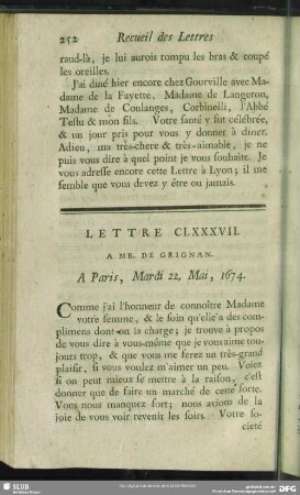 Lettre CLXXXVII. A Mr. De Grignan. A Paris, Mardi 22. Mai, 1674