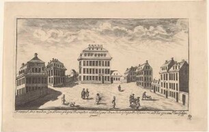 Der Dippoldiswalder Platz in Dresden nach Südosten mit dem Trompeterschlösschen zwischen Trompeterstraße (früher Große Oberseergasse) und Reitbahnstraße, aus einer Reihe Dresdner Stadtansichten von Schlitterlau um 1770