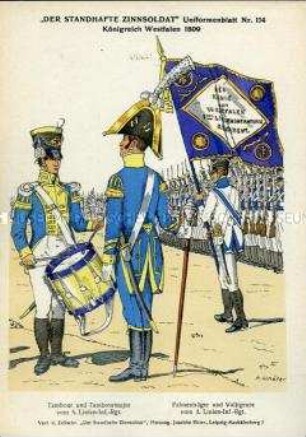 Uniformdarstellung, Tambour, Tambour-Major, Fahenträger und Voltigeure des 5. bzw. 1. Linien-Infanterie-Regiments, Königreich Westphalen, 1809.