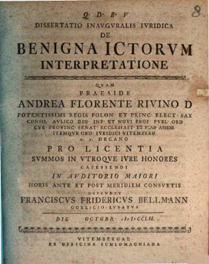 Dissertatio Inavgvralis Ivridica De Benigna Ictorvm Interpretatione