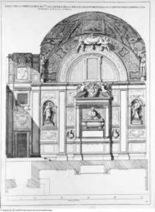 Disegni di vari altari e cappelle nelle chiese di Roma con le loro facciate fianchi piante e misure de più celebri architetti, Tafel 37: S. Pudenziana, Cappella Caetani, Längsschnitt, Grundrisshälfte