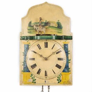 Lackschilduhr mit Schneider auf dem Ziegenbock, Jacob Bäuerle, Furtwangen um 1860