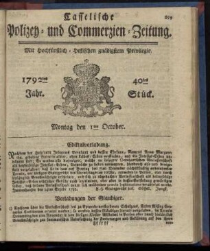40tes Stueck, Montag den 1ten October. 1792