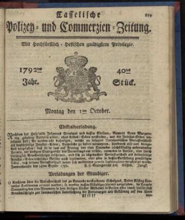 40tes Stueck, Montag den 1ten October. 1792