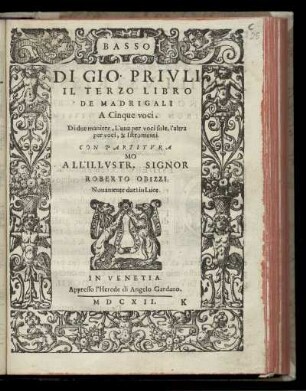 Giovanni Priuli: Il terzo libro de madrigali a cinque voci ... Basso