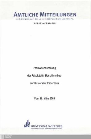 Promotionsordnung der Fakultät für Maschinenbau der Universität Paderborn : vom 10. März 2009
