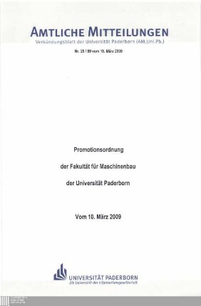Promotionsordnung der Fakultät für Maschinenbau der Universität Paderborn : vom 10. März 2009