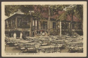 Ansichtskarte "Café Heyne" mit Verkaufsstand, Hasenheide 40/44