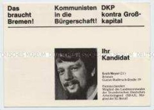 Propagandaschrift der DKP Bremen zur Bürgerschaftswahl 1971 mit dem Porträt eines Kandidaten