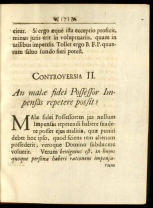 Controversia II. An malae fidei Possessor Impensas repetere possit?