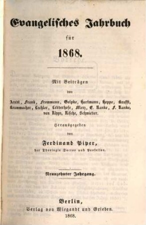 Evangelisches Jahrbuch : für ... 19. 1868