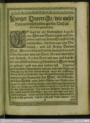 Kurtzer Unterricht, wie unser Hertz in vorstehender grosser Noth zu beten soll geschickt seyn