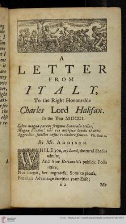 A letter from Italy, to the Right Honourable Charles Lord Halifax