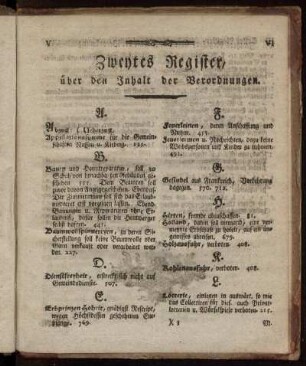 Zweytes Register, über den Inhalt der Verordnungen.