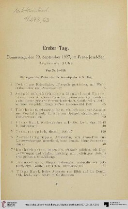 Erster Tag: Donnerstag, den 29. September 1927 (Nr. 1-180)