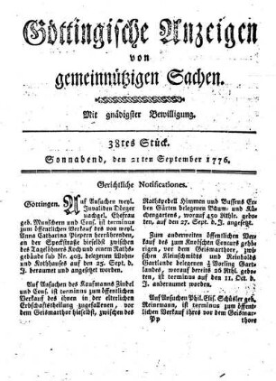 38tes Stück. Sonnabend, den 21ten September 1776.