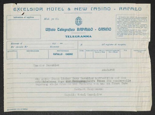 Brief von Gerhart Hauptmann und Margarete Hauptmann an Theodor Däubler