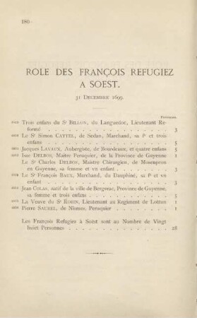 Role des françois refugiez à Soest. 31 décembre 1699