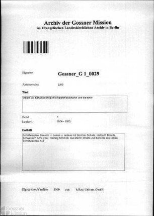 Indien VII. Schriftwechsel mit Indienmissionaren und Berichte