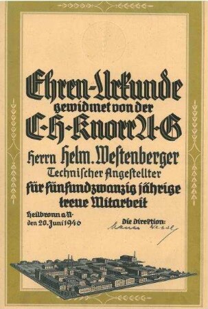 Ehrenurkunde für 25jährige Tätigkeit bei der Firma C. H. Knorr, ausgestellt für den technischen Angestellten Helmut Westenberger
