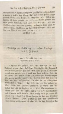 35-67 Beiträge zur Erklärung der ersten Apologie des h. Justinus