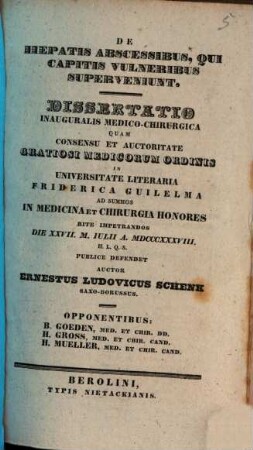 De hepatis abscessibus, qui capitis vulneribus superveniunt : diss. inaug. med. chir.