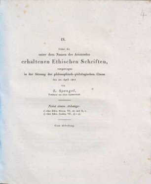 Ueber die unter dem Namen des Aristoteles erhaltenen Ethischen Schriften : nebst einem Anhange, 1