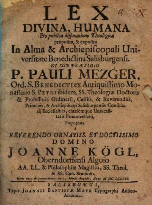 Lex divina, humana pro : pro publica disputatione theologica proposita