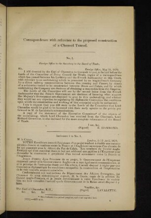 Correspondence with reference to the proposed construction of a Channel Tunnel.