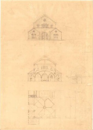 Gärtner, Friedrich von; München; Bockkeller - Grundriss, Ansicht, Schnitt