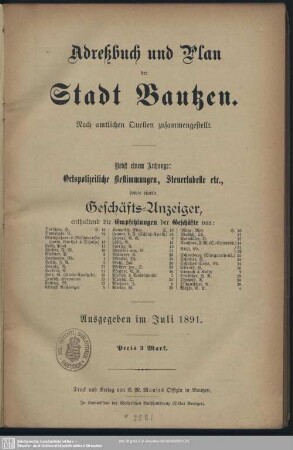 1891: Adreßbuch und Plan der Stadt Bautzen