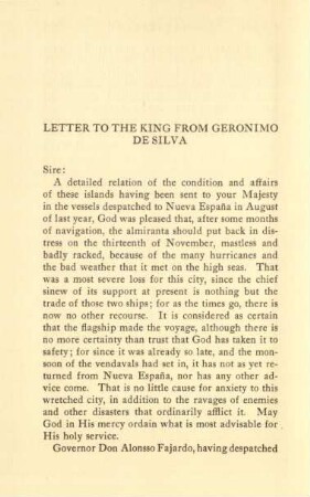 Letter to the king from Geronimo de Silva