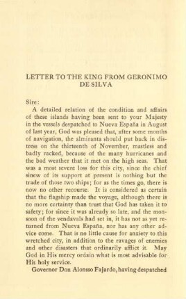 Letter to the king from Geronimo de Silva