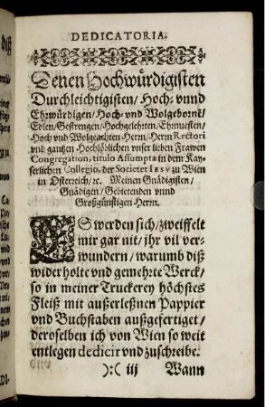 Denen Hochwürdigsten [...] Rectori [...] unser lieben Frawen Congregation [...]