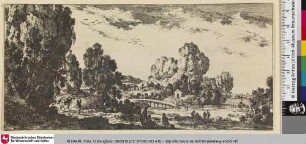 [Flusslandschaft mit einigen Personen und einer Brücke]