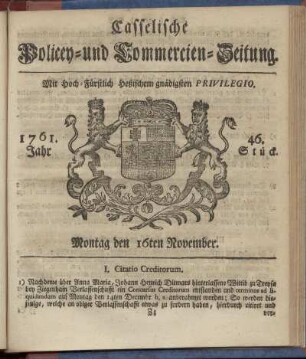 46. Stueck, Montag den 16ten November 1761