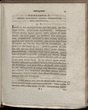 Observatio I. Febris Continua Longa Phrenitico Melancholica.