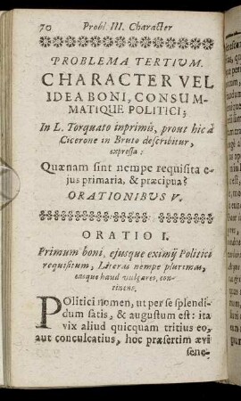 Problema Tertium. Character Vel Idea Boni, consummatique Politici.